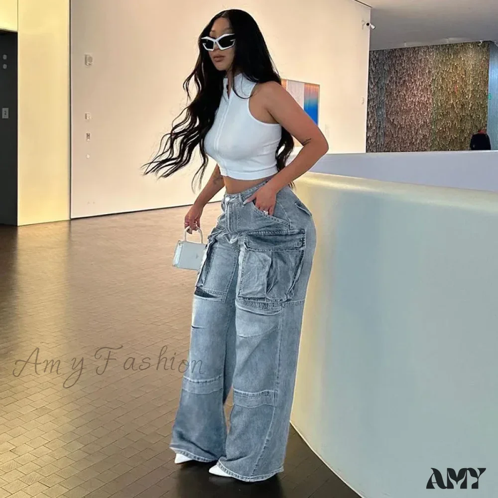 Amy Fashion - Loose Streetwear Summer Outfits 2024 Blue High Waist Casual Fashion Y2K Straight Cargo Denim Jean - Image 3