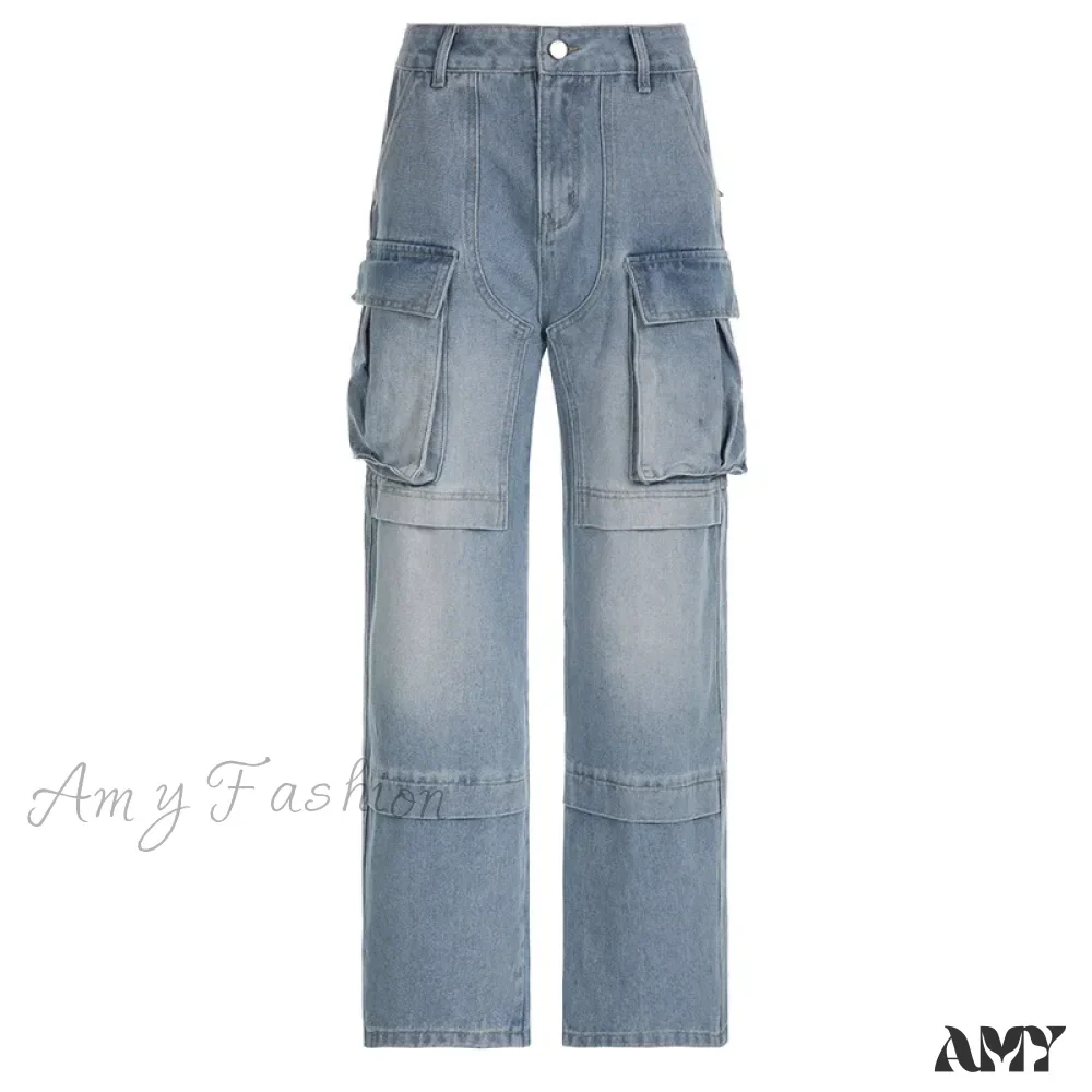 Amy Fashion - Loose Streetwear Summer Outfits 2024 Blue High Waist Casual Fashion Y2K Straight Cargo Denim Jean - Image 5