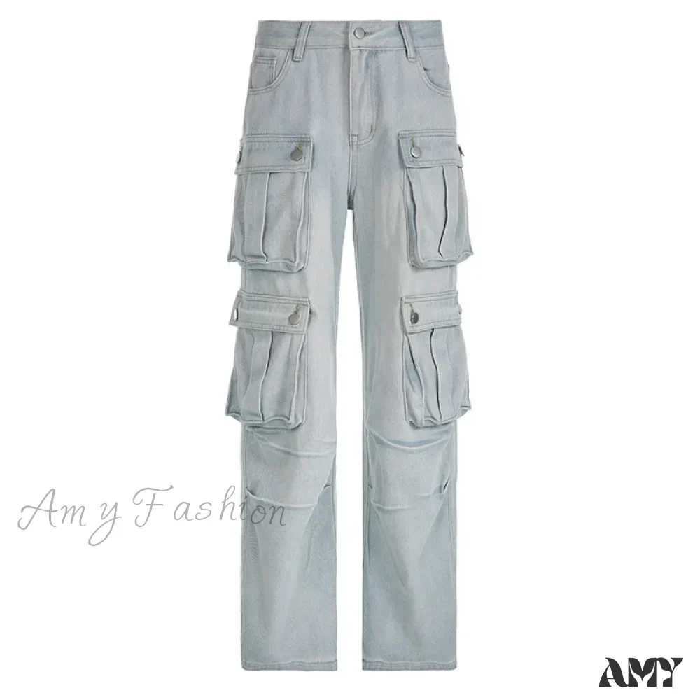 Amy Fashion - Loose Streetwear Summer Outfits 2024 Blue High Waist Casual Fashion Y2K Straight Cargo Denim Jean - Image 6