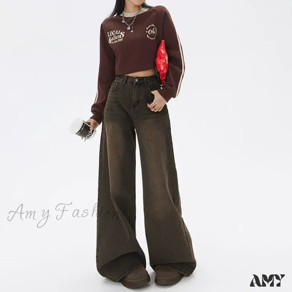 Amy Fashion - Loose Vintage Korean for Women High Waist Fashion Streetwear Casual Denim Femme Y2K Wide Leg Straight Jean