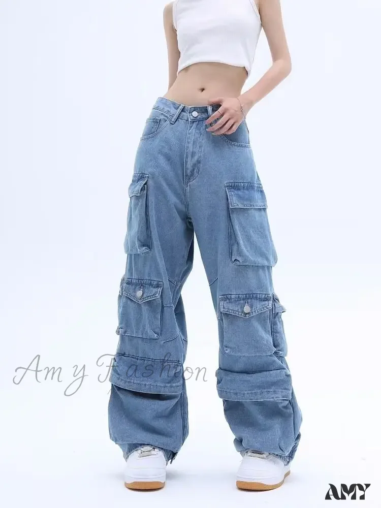 Amy Fashion - Multi-Pocket Washed Cargo New Heavy Industry Y2K Vintage Streetwear Loose Oversized Straight-Leg Jean - Image 2