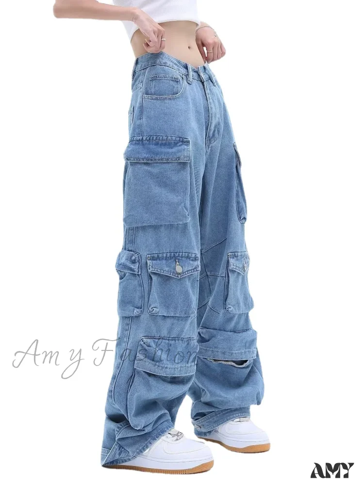 Amy Fashion - Multi-Pocket Washed Cargo New Heavy Industry Y2K Vintage Streetwear Loose Oversized Straight-Leg Jean - Image 3