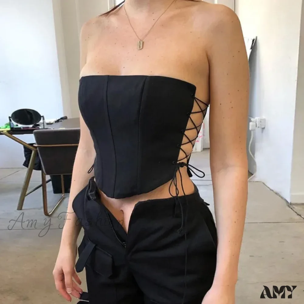 AMY FASHION - Off Shoulder Strapless Lace Up Bustier Corset Crop Top - Image 6
