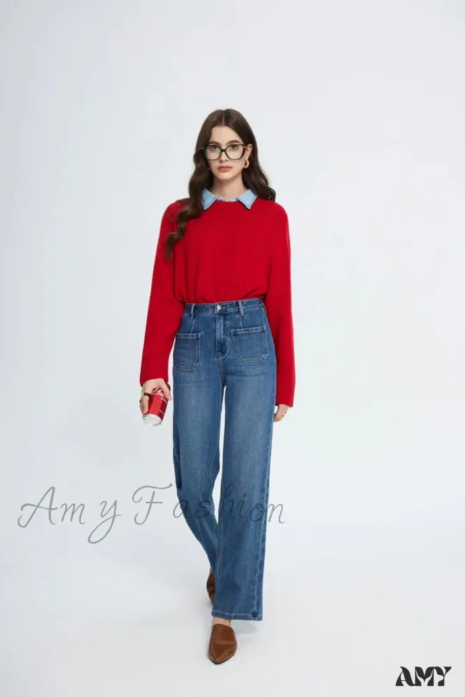 Amy Fashion - Pockets Women Temperament High Waist Straight Denim Pant Females Vintage Simple Streetwear Washed Chic 2024 New Jean - Image 6