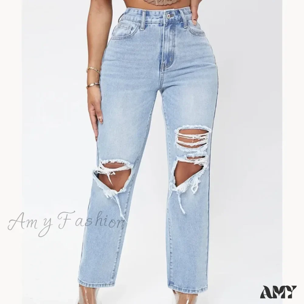 Amy Fashion - Ripped Women's Casual Fashion High Waist Straight Leg Loose Denim Ladies Streetwear Jean - Image 2