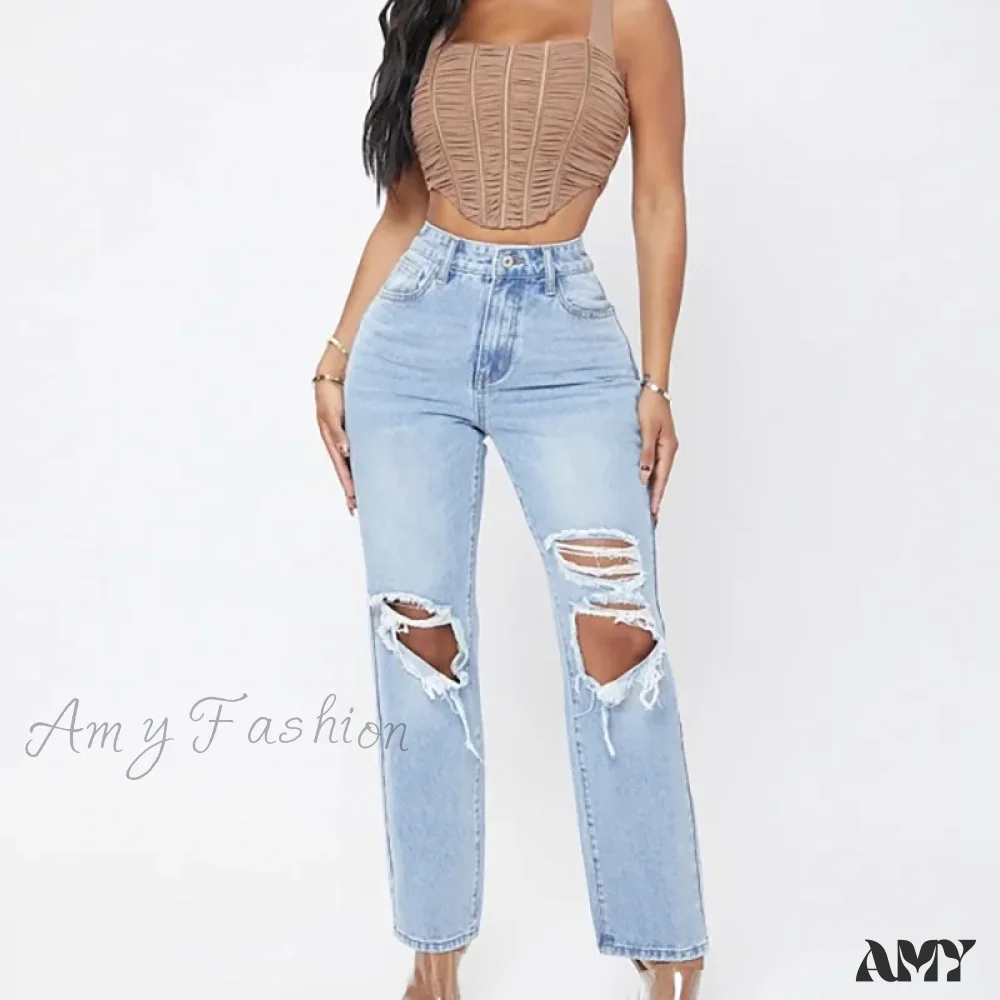 Amy Fashion - Ripped Women's Casual Fashion High Waist Straight Leg Loose Denim Ladies Streetwear Jean - Image 3