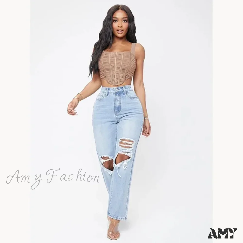 Amy Fashion - Ripped Women's Casual Fashion High Waist Straight Leg Loose Denim Ladies Streetwear Jean - Image 4