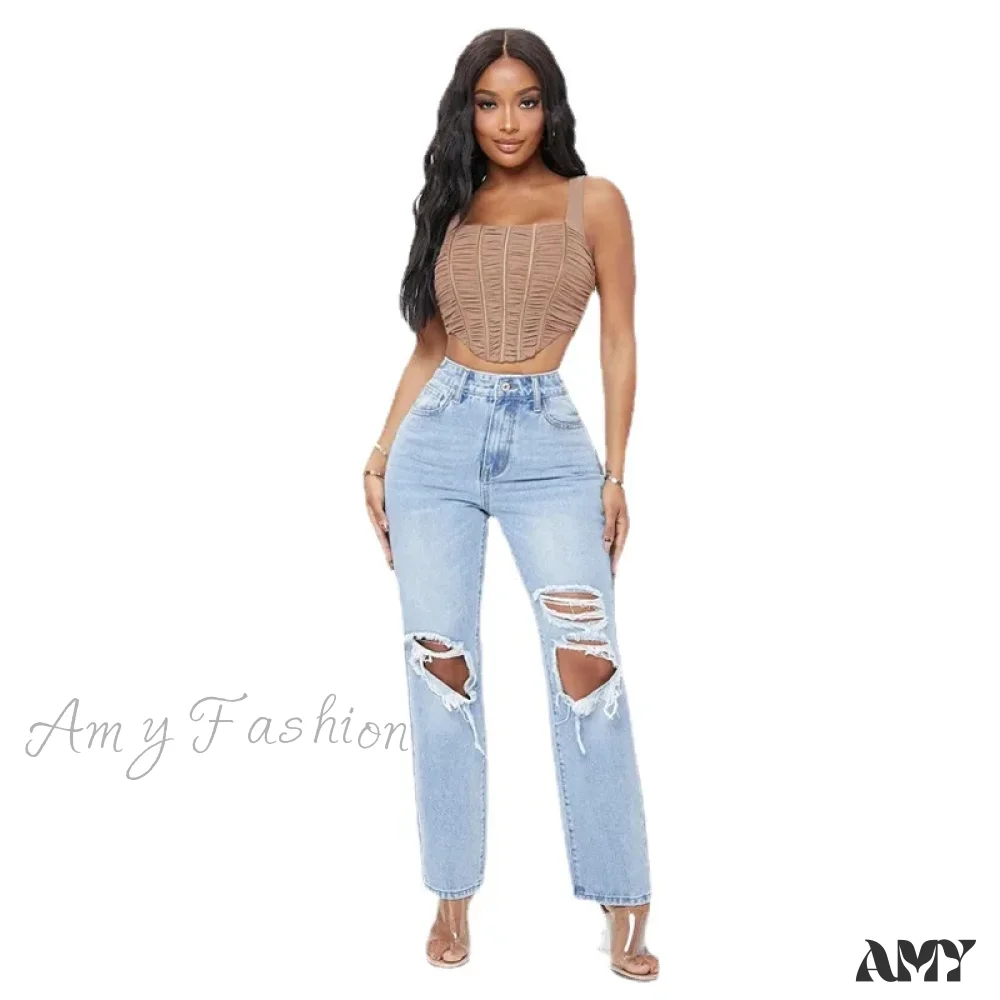 Amy Fashion - Ripped Women's Casual Fashion High Waist Straight Leg Loose Denim Ladies Streetwear Jean - Image 5