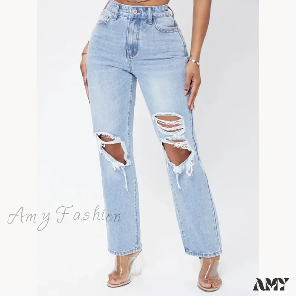 Amy Fashion - Ripped Women's Casual Fashion High Waist Straight Leg Loose Denim Ladies Streetwear Jean - Image 6