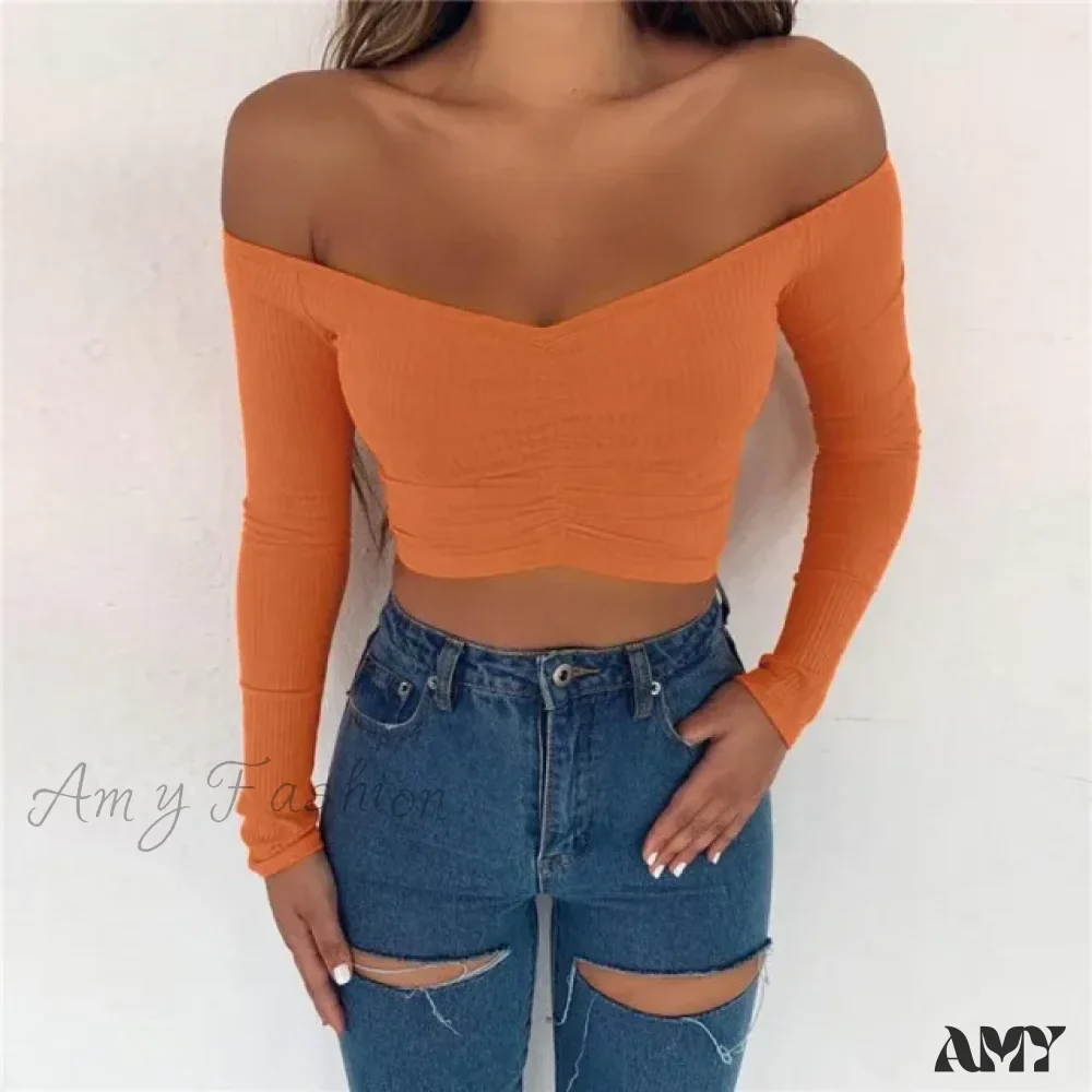 AMY FASHION - Sexy Club Fashion Off Shoulder Solid Color Autumn Crop Top - Image 8