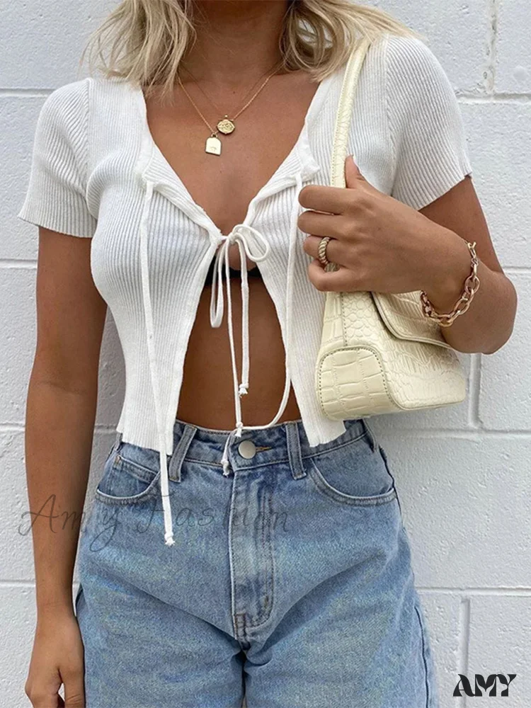 AMY FASHION - Sexy Cropped Lace up Hollow out Front Split Slim Streetwear Crop Top - Image 10