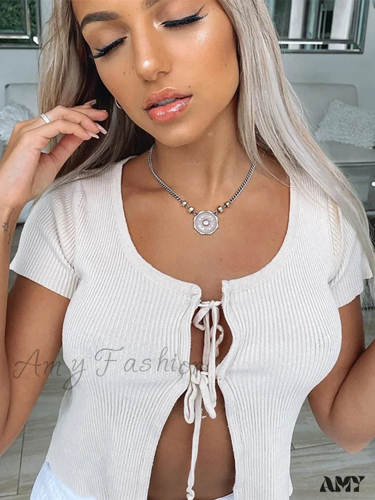 AMY - Sexy Cropped Lace up Hollow out Front Split Slim Streetwear Crop Top - Image 4