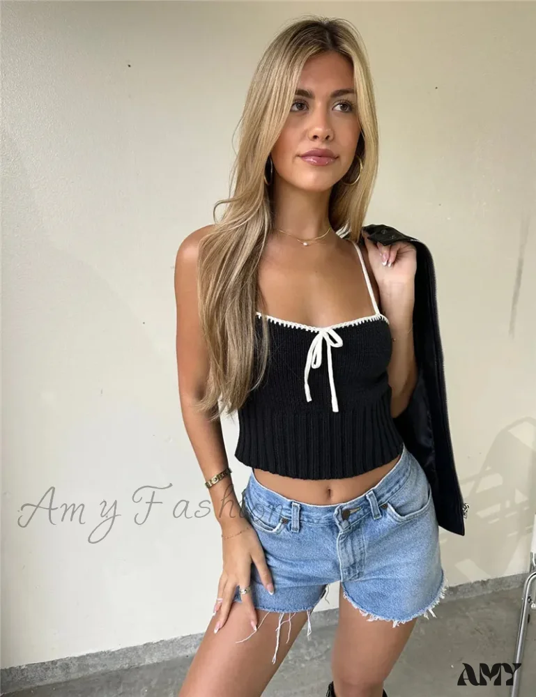 AMY FASHION - Sexy Y2K Spaghetti Strap Knitted Bow Patchwork Camis Crop Top - Image 4