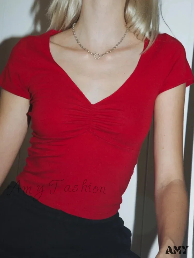 AMY FASHION - Soft Stretchy Fitted V-neck Tee Seam Bust Crop Top - Image 3