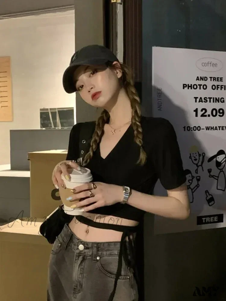 AMY - Solid V-neck Sexy Harajuku Korean Street T-shirts Crop Top - Image 3