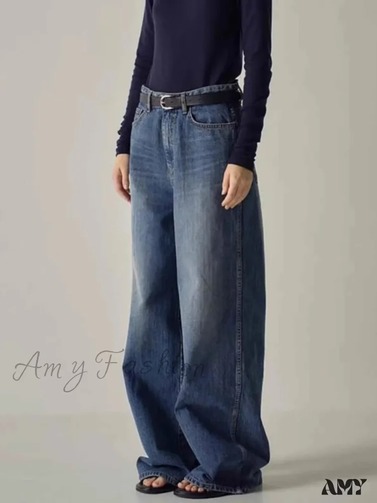 Amy Fashion - Spring Fall New High-waisted Wide-leg High Quality Long Baggy Y2K Jean - Image 2