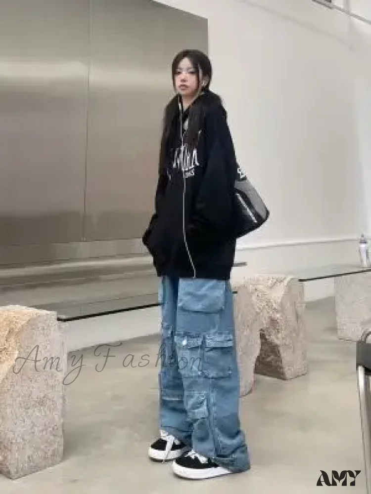 Amy Fashion - Streetwear Loose Oversized Straight-Leg Multi-Pocket Washed Cargo New Heavy Industry Y2K Vintage Jean - Image 2