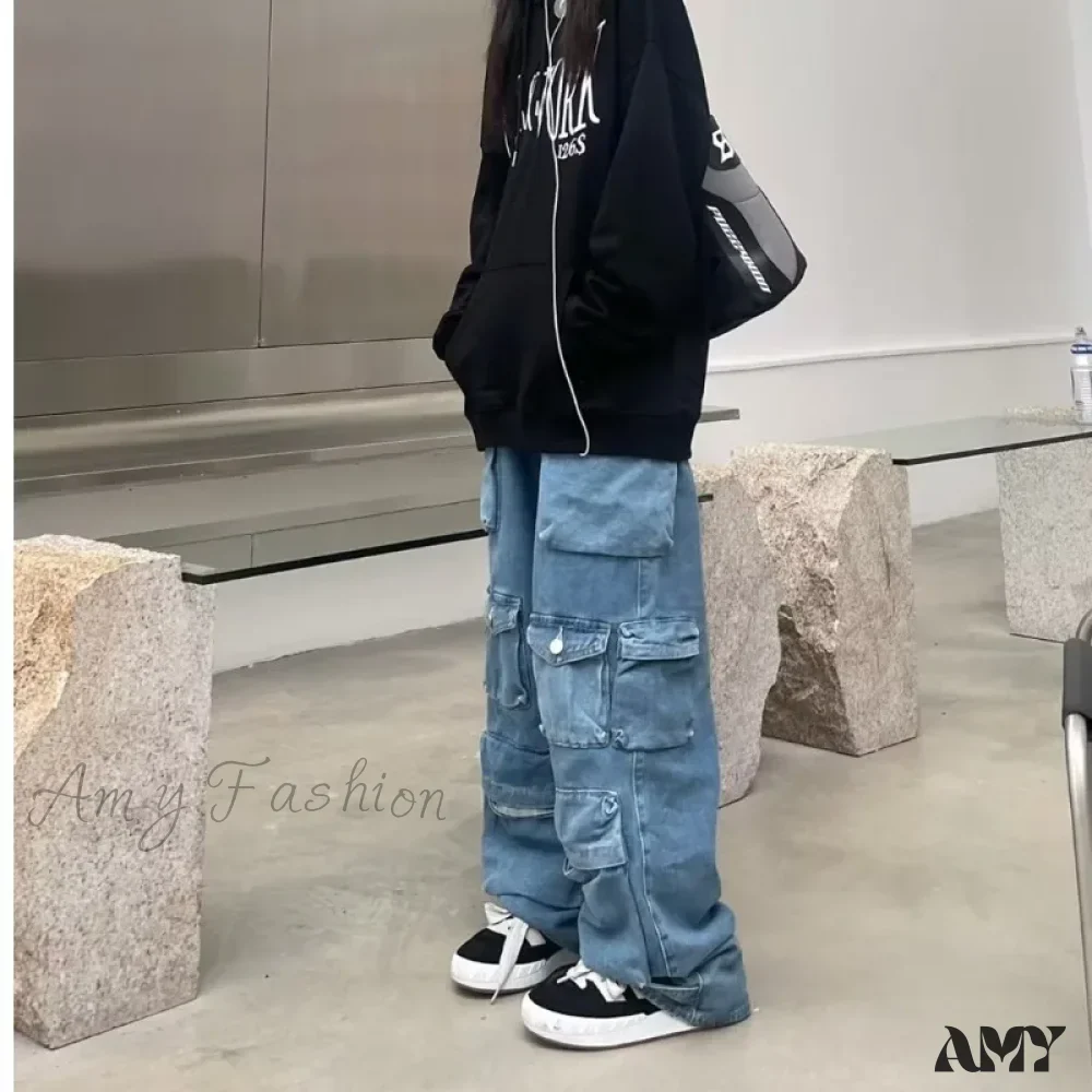 Amy Fashion - Streetwear Loose Oversized Straight-Leg Multi-Pocket Washed Cargo New Heavy Industry Y2K Vintage Jean - Image 3