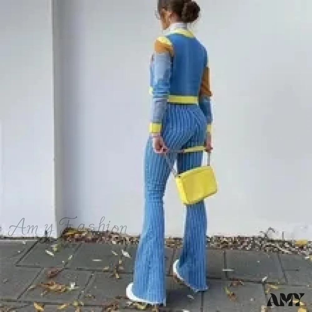 Amy Fashion - Stretch Women Flare Lady Vintage Blue Striped Plaid Hips Wrap High Waist Lady Streetwear Y2K Punk Denim Jean - Image 3