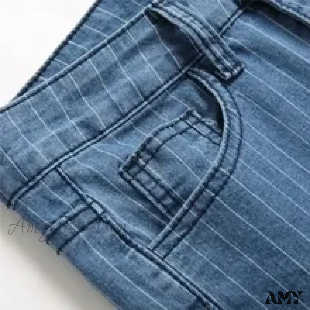 Amy Fashion - Stretch Women Flare Lady Vintage Blue Striped Plaid Hips Wrap High Waist Lady Streetwear Y2K Punk Denim Jean - Image 4
