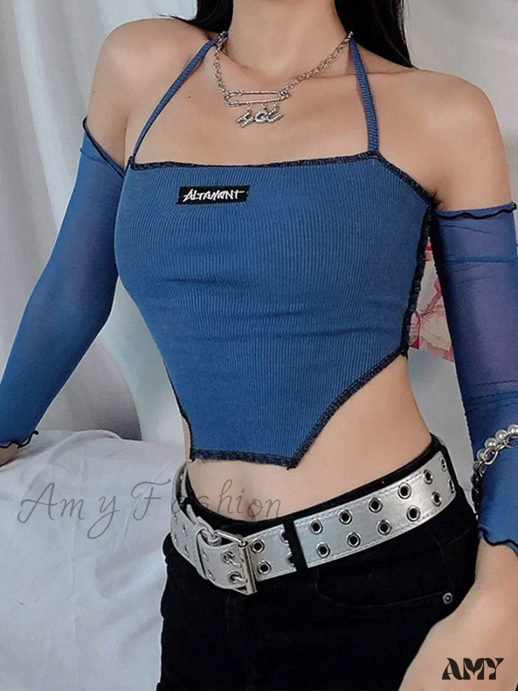 AMY FASHION - Sweet Sling Ribbing Knit Patchwork Long Sleeve Tee Crop Top - Image 3