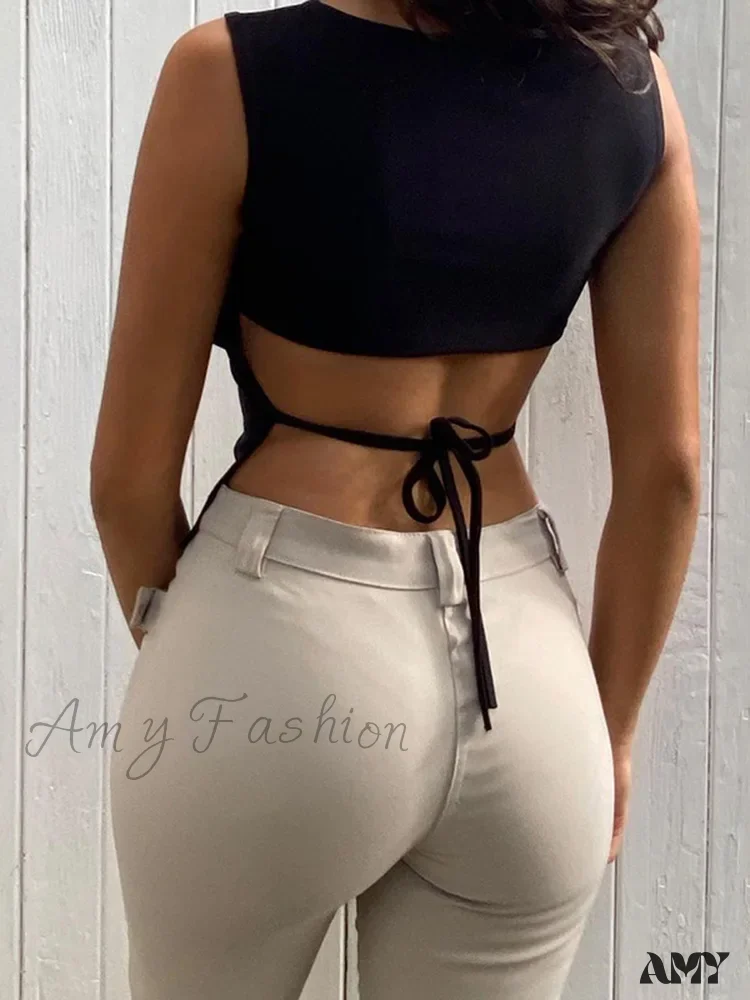 AMY FASHION - Tied Backless Slim Sleeveless Sexy Mock Neck Crop Top - Image 2