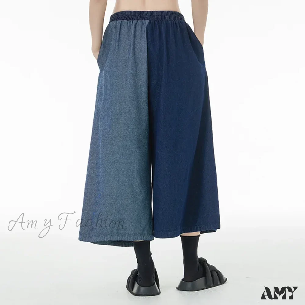 Amy Fashion - Women Patchwork Casual Denim High Elastic Waist Personality Fashion Loose Wide Leg Korea 2024 Spring Autumn New Jean - Image 3