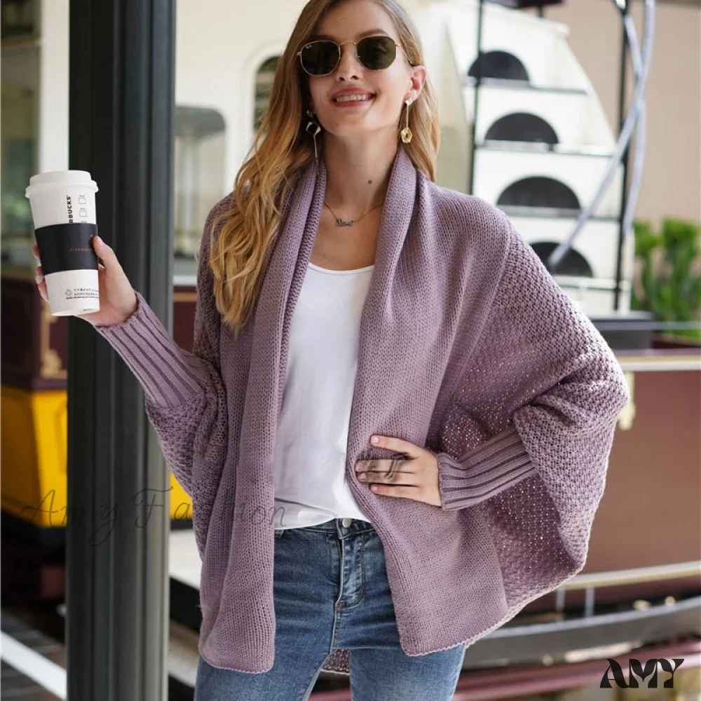 Amy Fashion - Oversized Sweater Knitted Patchwork Batwing Sleeves Cardigan - Image 2
