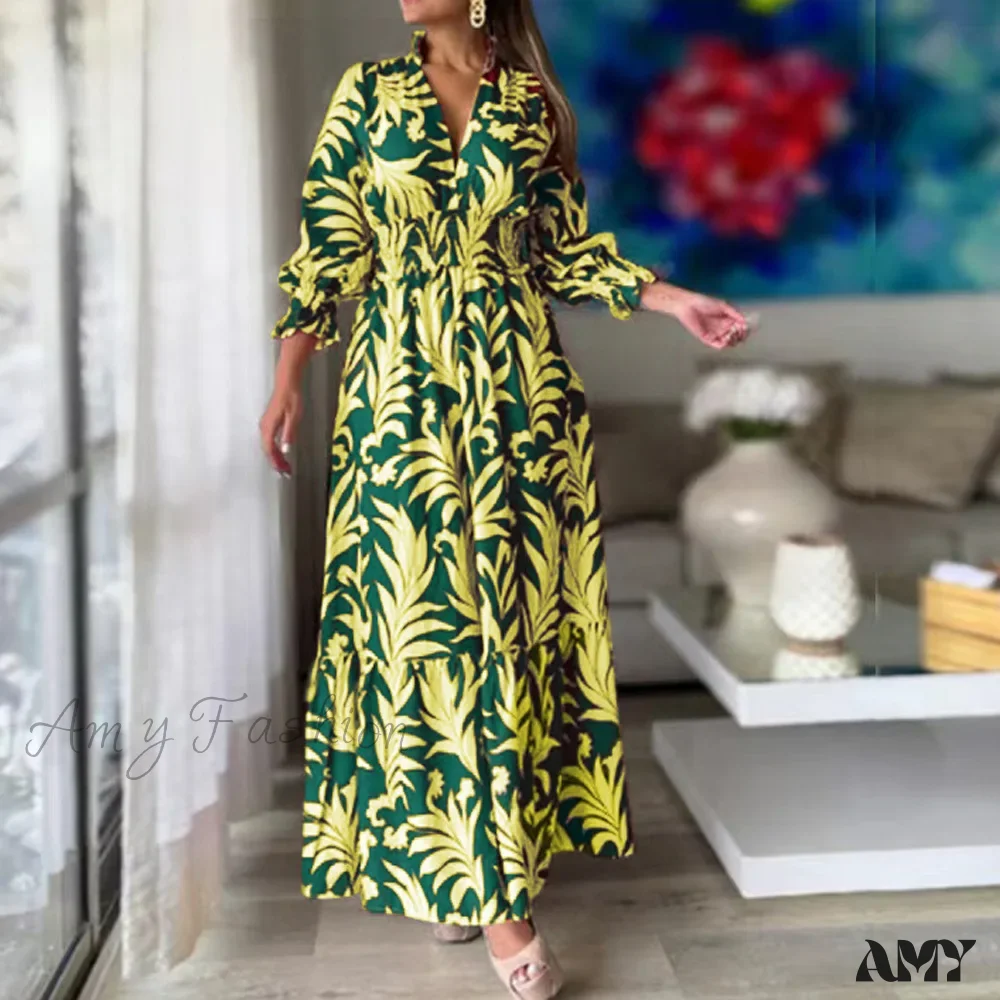 Amy Fashion - Autumn Floral Print Long Sleeve Boho Dress - Image 2