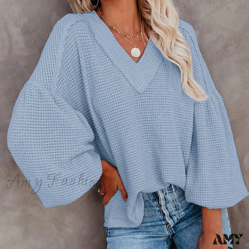 Amy Fashion - Autumn Knit V-Neck Long Lantern Sleeve Casual Sweater - Image 3
