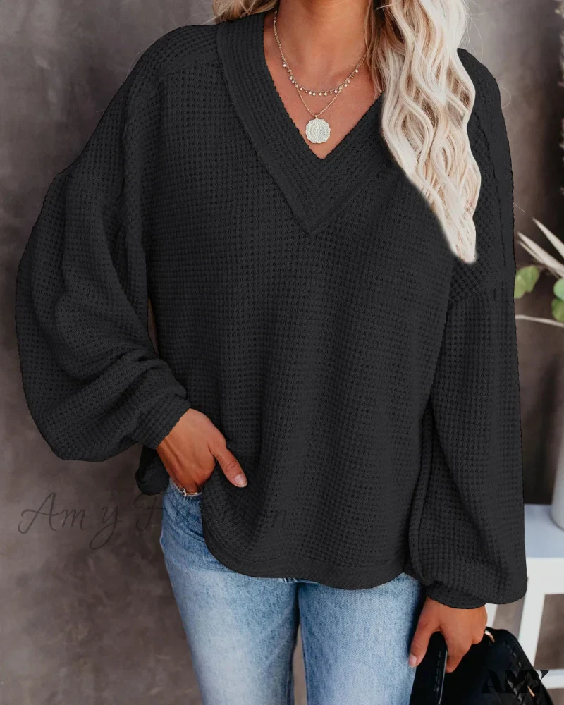 Amy Fashion - Autumn Knit V-Neck Long Lantern Sleeve Casual Sweater - Image 30
