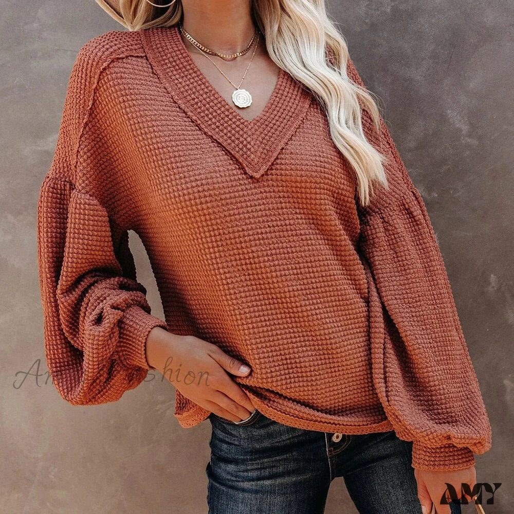 Amy Fashion - Autumn Knit V-Neck Long Lantern Sleeve Casual Sweater - Image 4