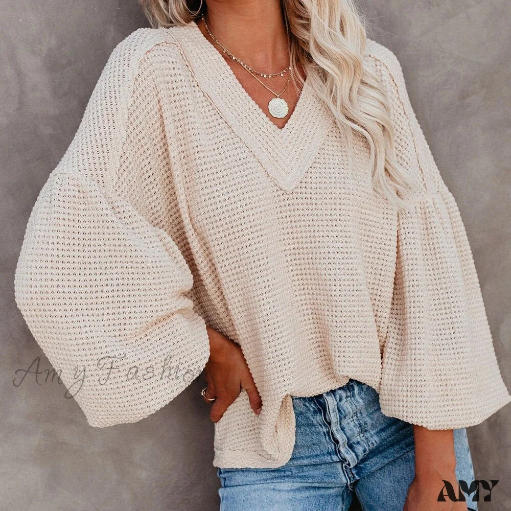 Amy Fashion - Autumn Knit V-Neck Long Lantern Sleeve Casual Sweater - Image 5