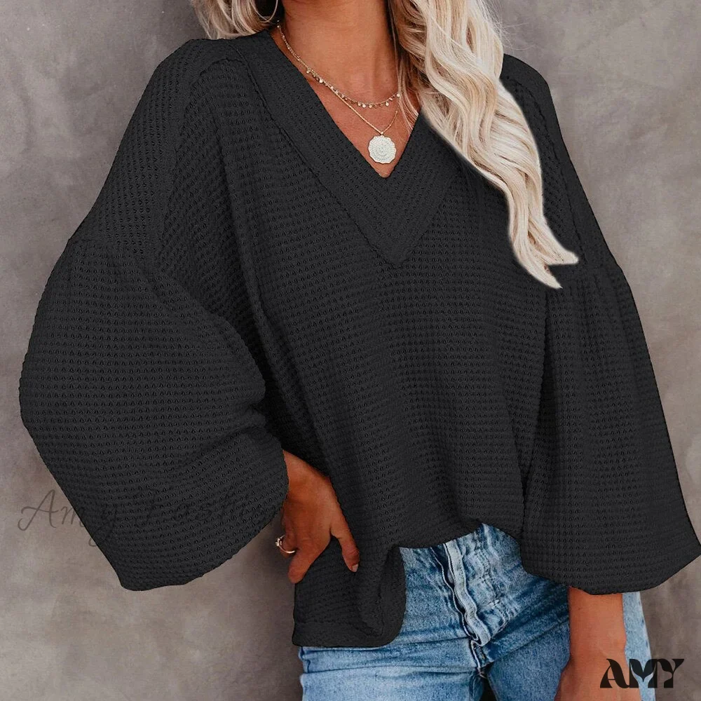 Amy Fashion - Autumn Knit V-Neck Long Lantern Sleeve Casual Sweater - Image 8