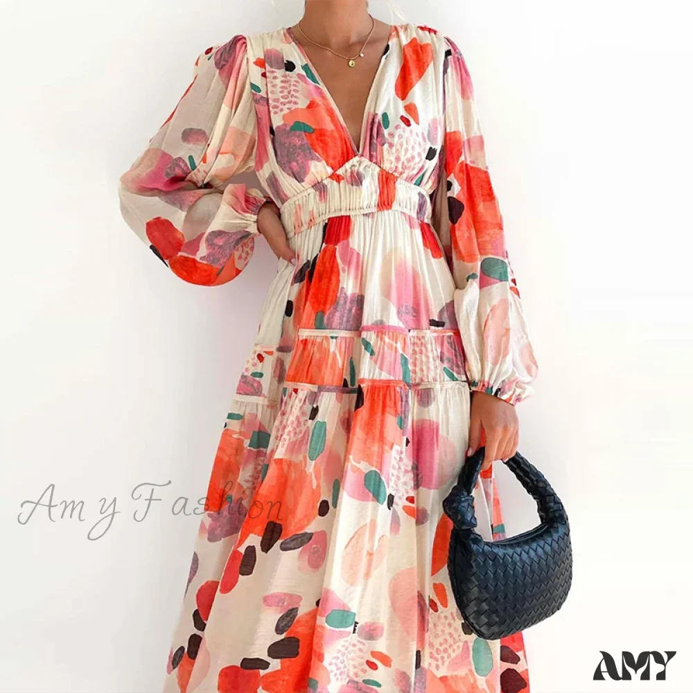 Amy Fashion - Autumn Long Sleeved Pleated Maxi Dress Boho Dress