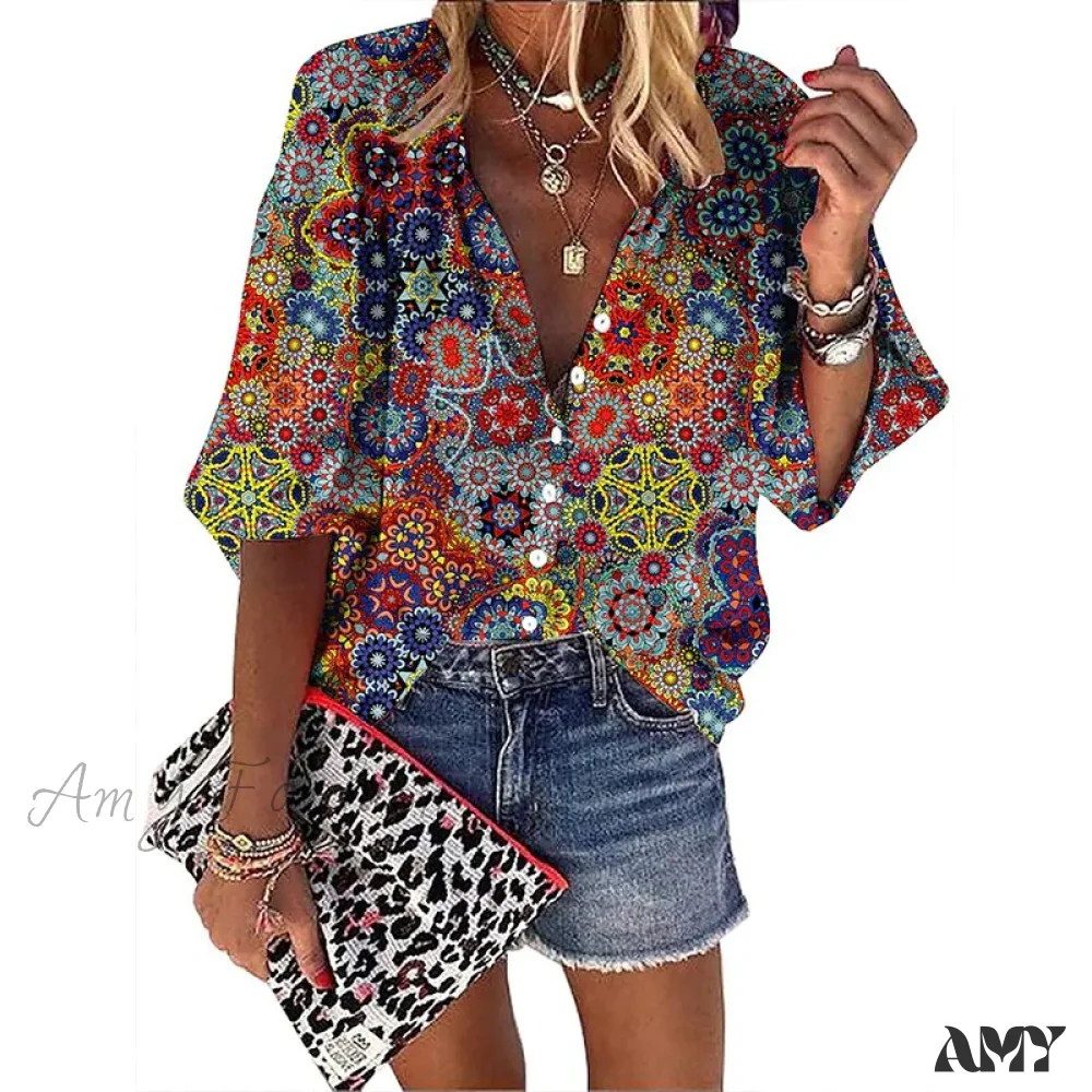 Amy Fashion - Loose Colorful Print Large Size Blouses - Image 14