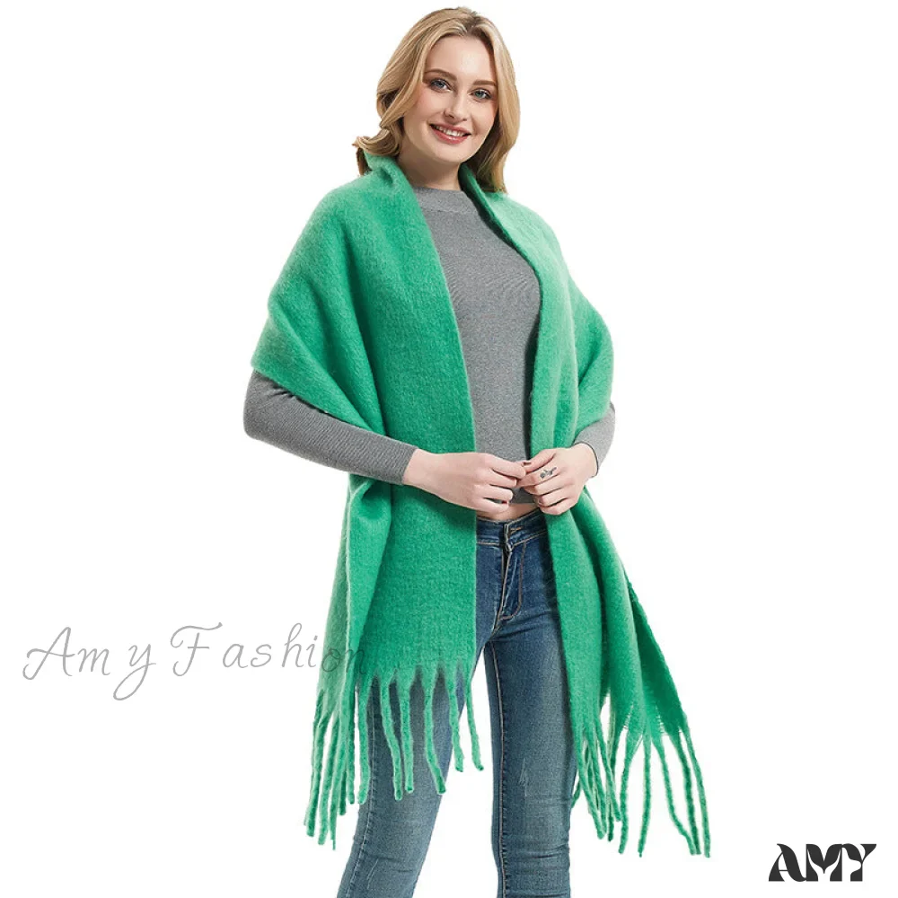 Autumn Winter Long Fringe Thick Plain Green Scarf - Image 3