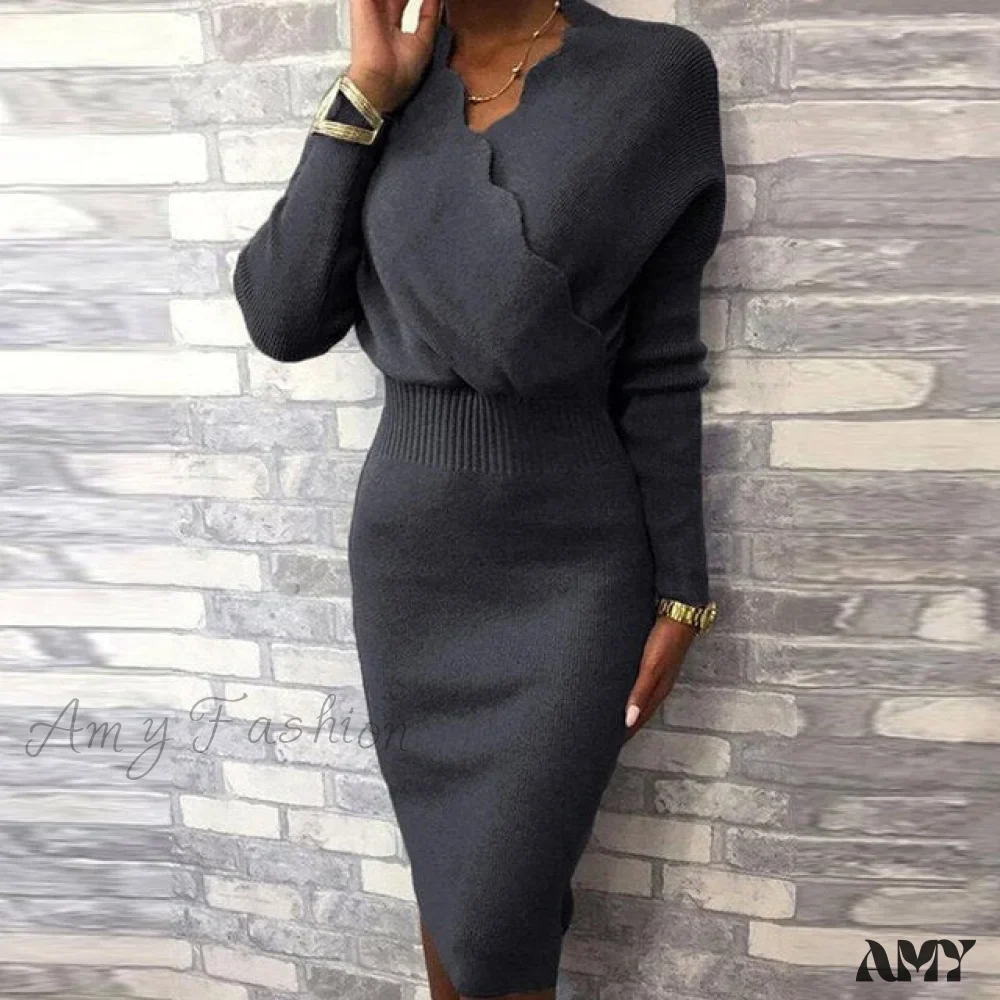 Long Sleeve Slim Fit Knee Dress - Image 3