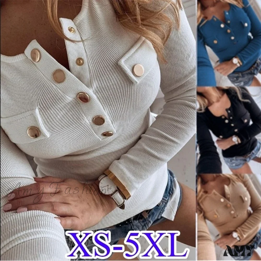Amy Fashion - Long Sleeved Casual Button T-shirt - Image 2