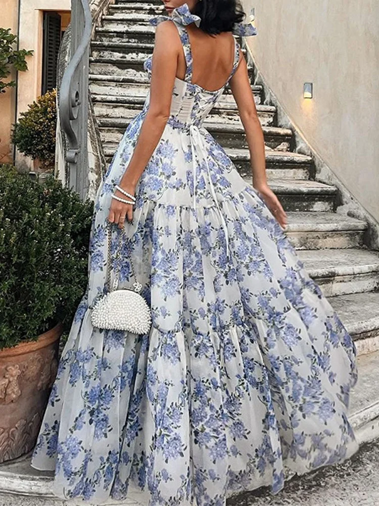 Backless Fit Flare Maxi Floral Dress - Image 4
