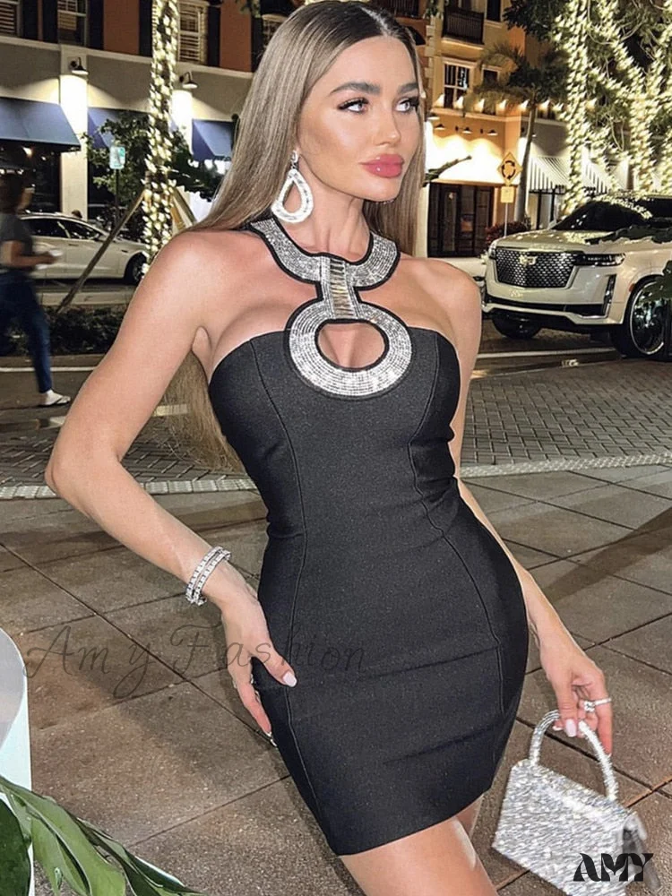 Amy Fashion - Backless Halter Sequined Diamonds Sparkly Black Bodycon Bandage Dress - Image 5