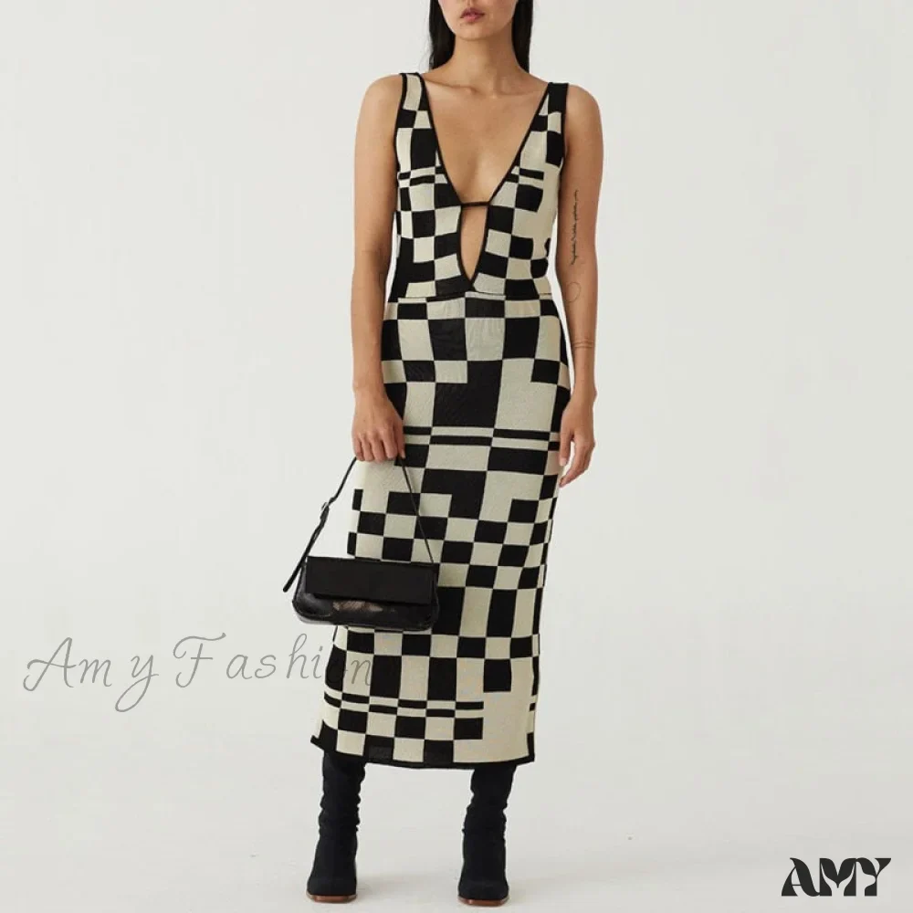 Amy Fashion - Plaid Print Spaghetti Strap Hollow Out Vestidos Dresses