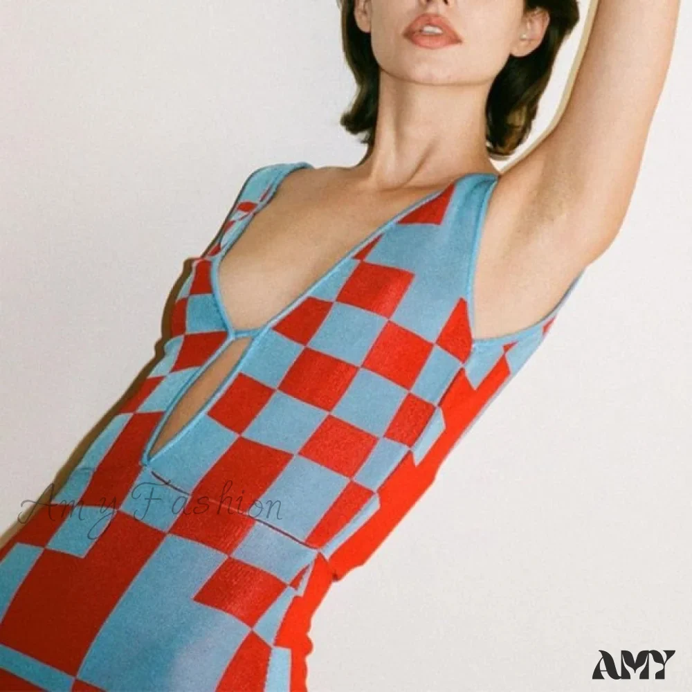Amy Fashion - Plaid Print Spaghetti Strap Hollow Out Vestidos Dresses - Image 3
