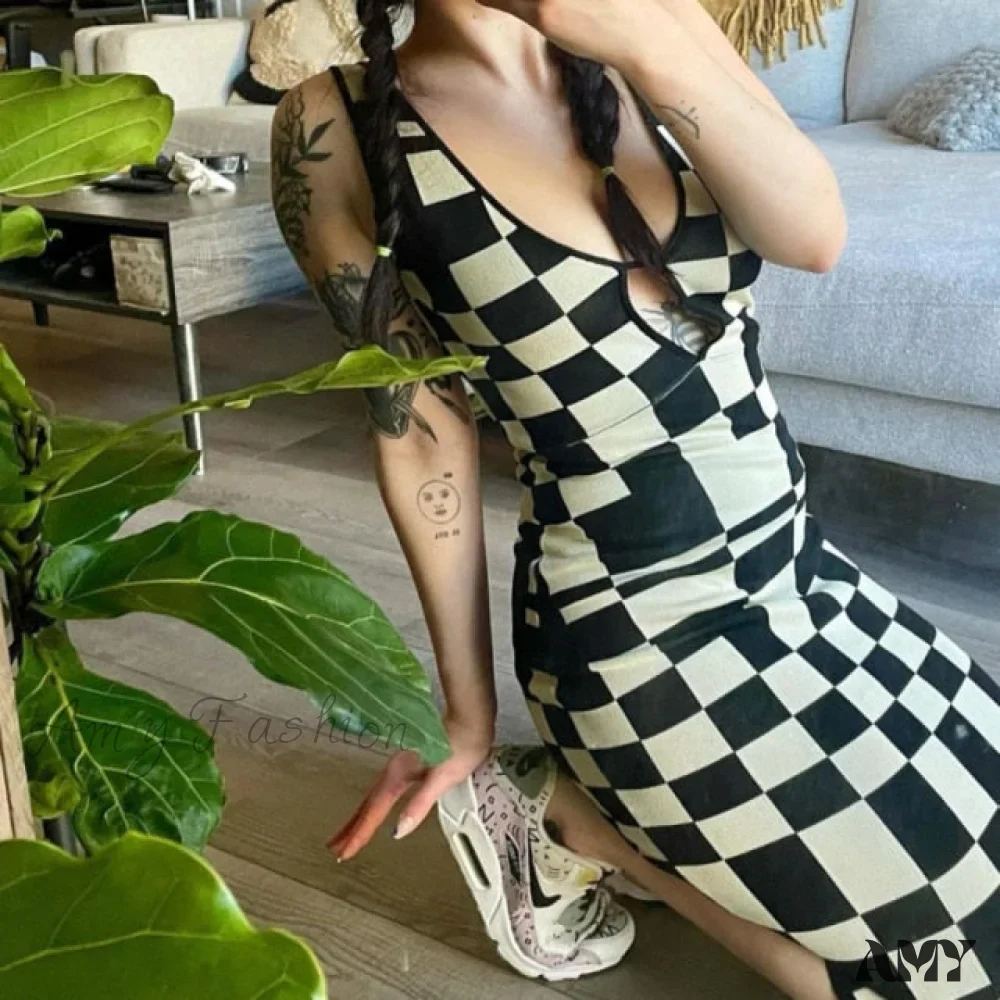 Amy Fashion - Plaid Print Spaghetti Strap Hollow Out Vestidos Dresses - Image 4