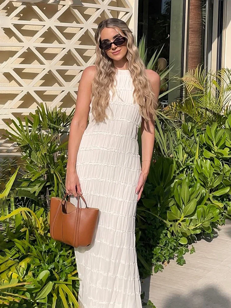 Backless Ruched Halter Ruffle Maxi Dress - Image 2