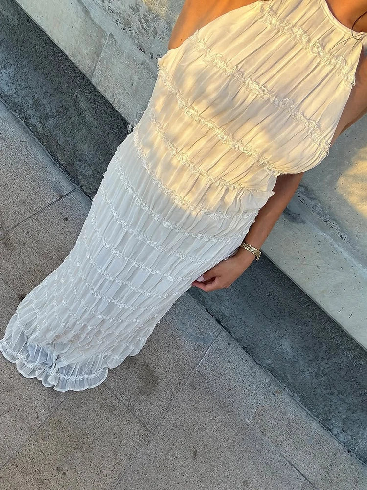 Backless Ruched Halter Ruffle Maxi Dress - Image 3