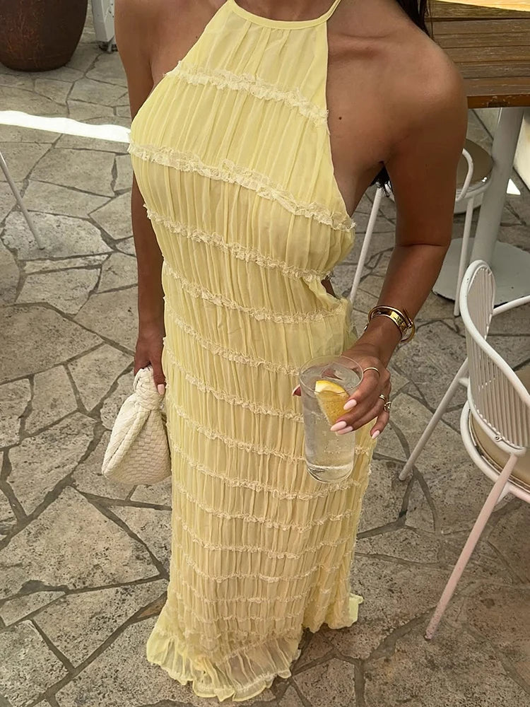 Backless Ruched Halter Ruffle Maxi Dress - Image 4