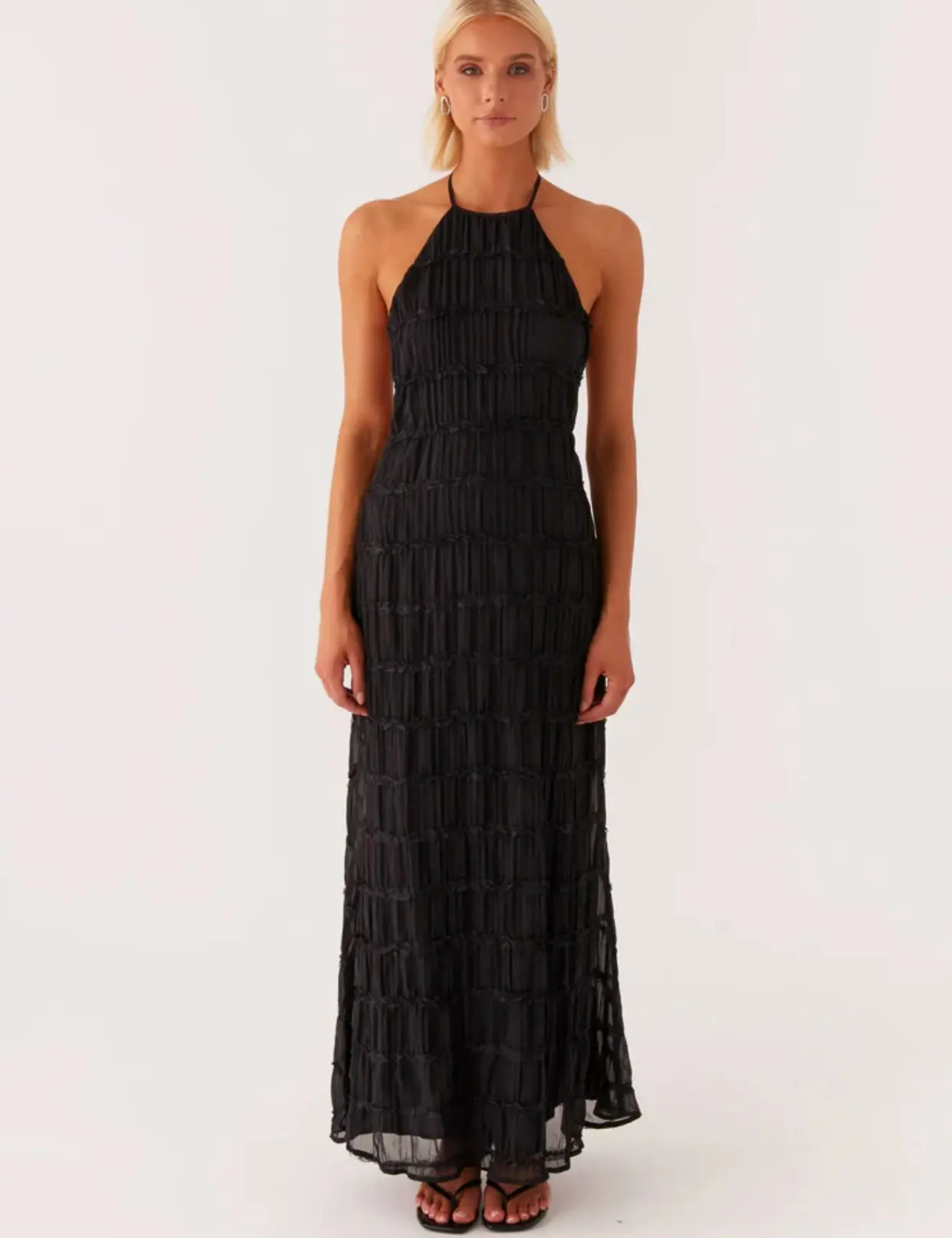 Backless Ruched Halter Ruffle Maxi Dress - Image 7