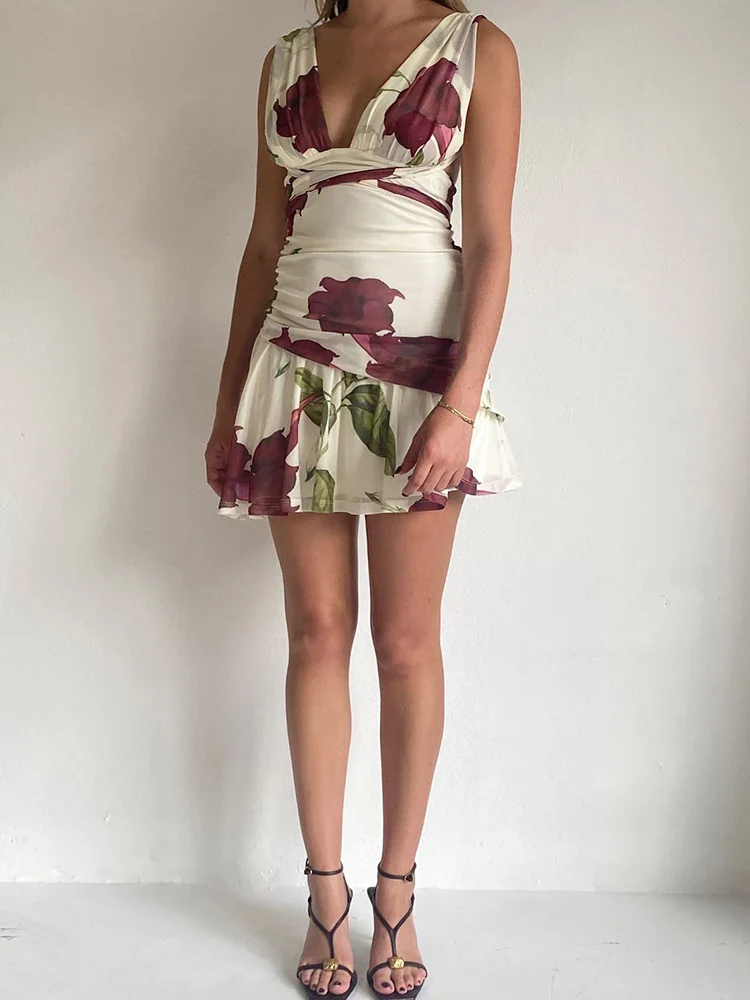 Backless Ruffle Halter Ruched Vacation Dress - Image 5