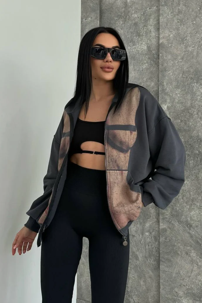 Bad Girl Style Nude Print Zipped Hoodie - Image 2